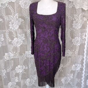 Vintage Elegant Black Tie Oleg Cassini Beaded Fringe Wrap Silk Cocktail Dress